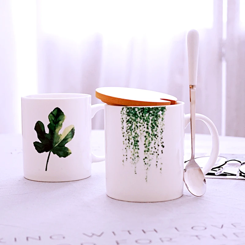 

Leaf Printing Coffee Mug With Lid Porcelain Tea Mugs Breakfast Mug
