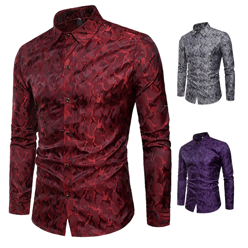 

Men's Shirts Bright Night Club Camouflage Design Silk Cloth Fashion Turn-lapel Men's Long Sleeve Shirts
