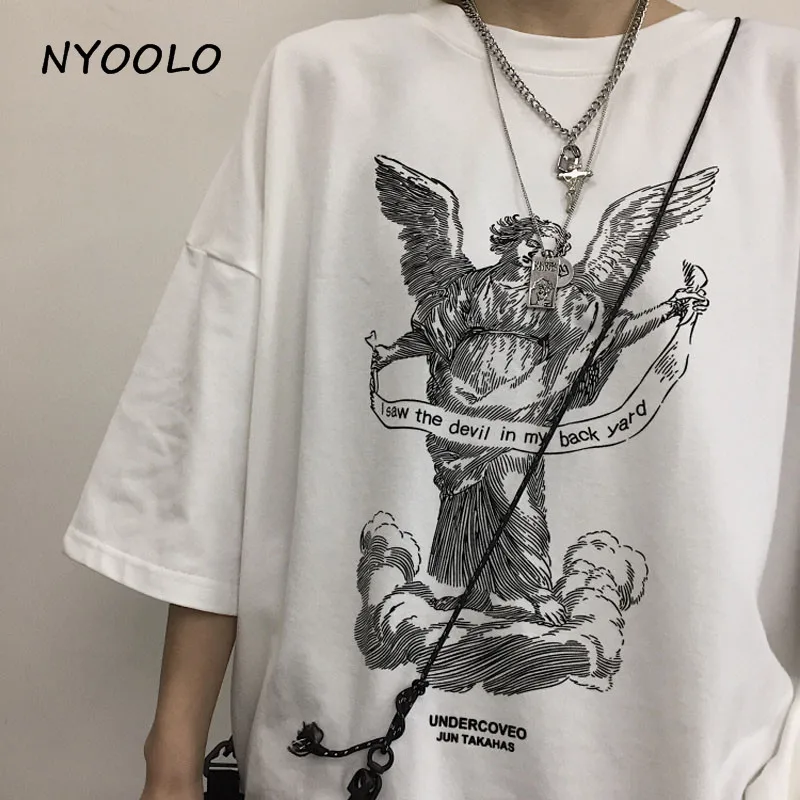 NYOOLO Harajuku стильная уличная одежда летняя футболка с принтом ангела свободная футболка с коротким рукавом и круглым вырезом Женская/мужская одежда топы футболки