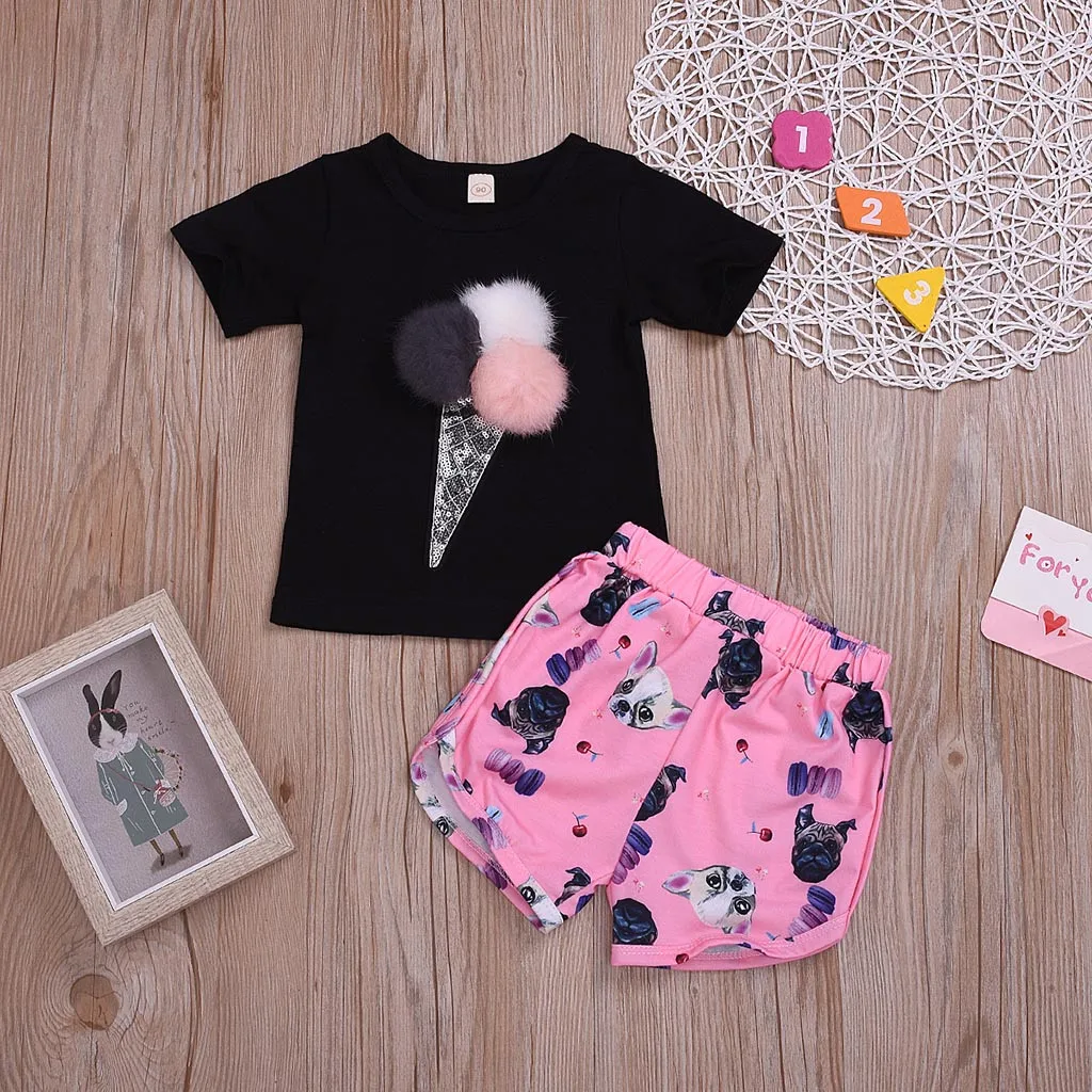 

2019 Children newborn clothes baby outfit set Toddler Kid Baby Girls Outfits Clothes Ice Cream T-shirt+Catoon Print Shorts Set