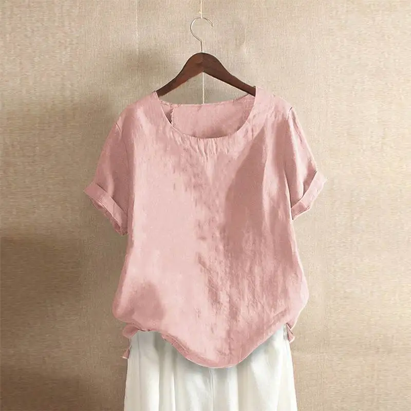 

Fashion Women Blouse 2019 Summer Short Sleeve Shirts Ladies Vintage Tunic Cotton Linen Tops Ladies Work White Shirt Plus Size
