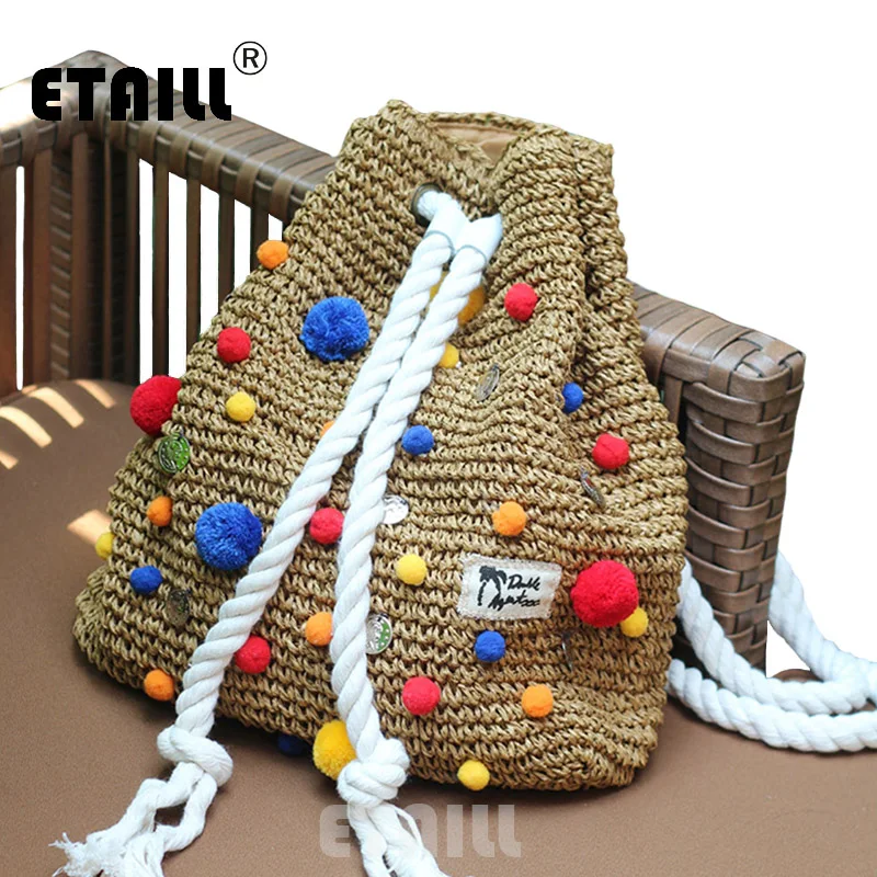 

2017 Summer Crochet Straw Backpack Handmade Vines Knitting Brand Beach String Bag Indian Pompon Women Drawstring Bags Sac a dos