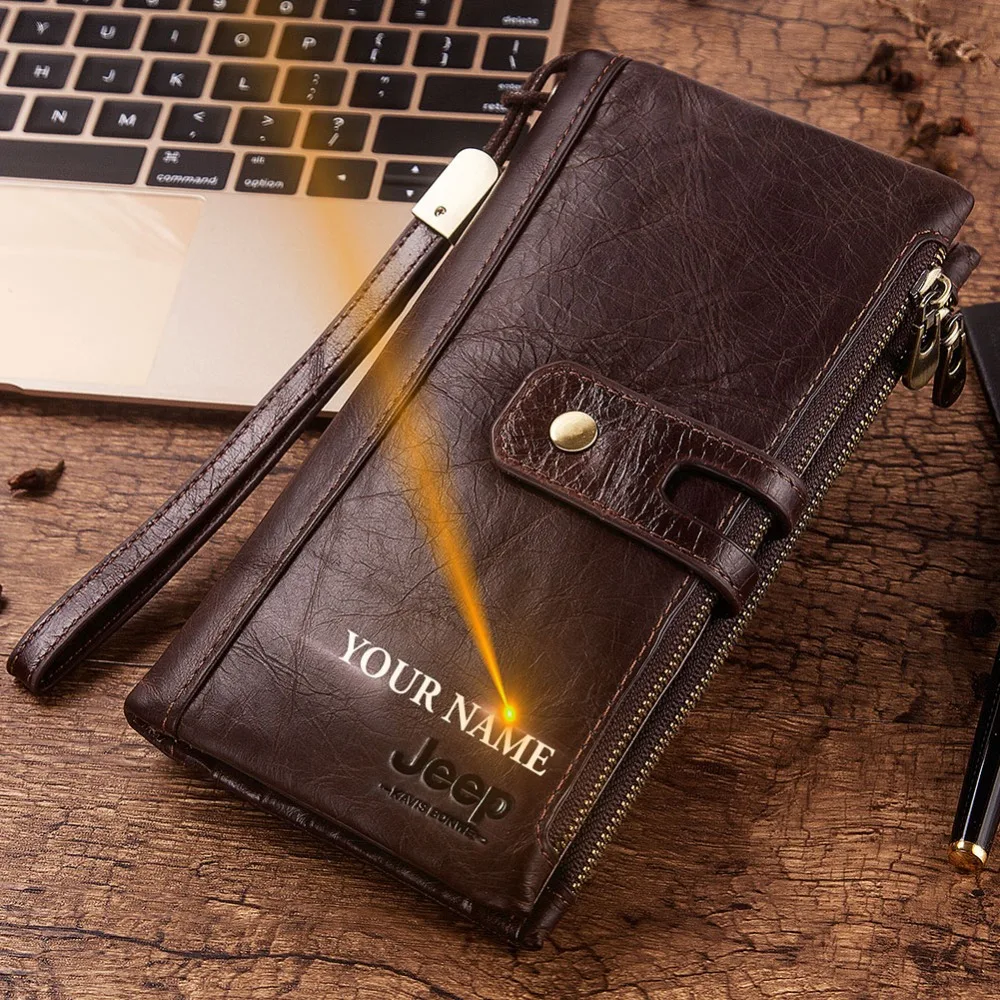 

Free Engraving 100% Genuine Leather Men Wallet Coin Purse Female Lady Long Handy Card Holder Clutch for Fashion Vintage Strap