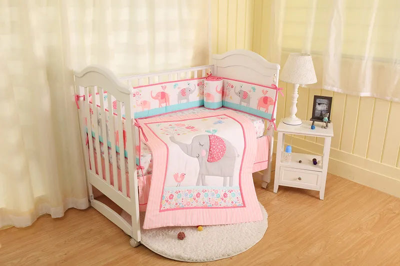 

Promotion! 7pcs pink elephant Crib Baby Bedding Set Baby Nursery Bedding Cot Ropa de Cama ,include (bumpers+duvet+bed cover)
