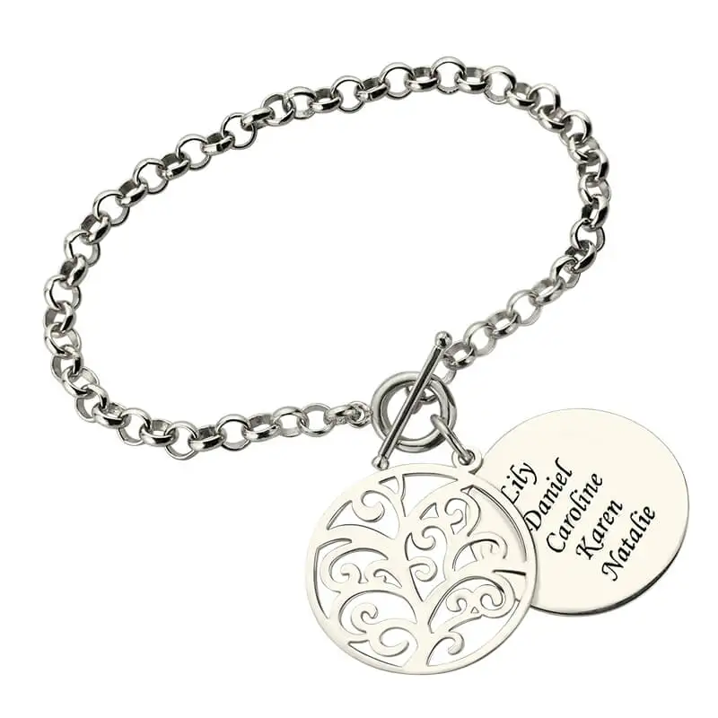 

Wholesale Engraved Family Tree Bracelet in Silver Disc Name Bracelet Tree of Life Jewelry Mother's Day Gift