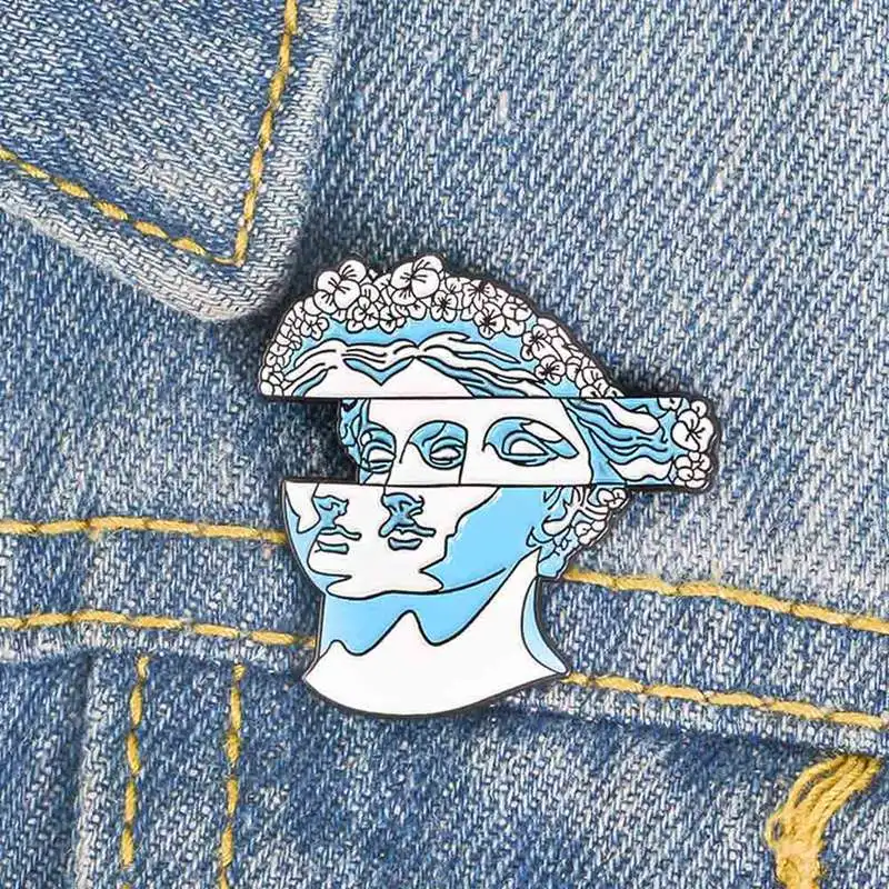 

Blue Art Sculpture Brooch Double-sided Misplaced Lady Statue Wreath Hair Enamel Pin Backpack Coat Lapel Badge Artist Friend Gift