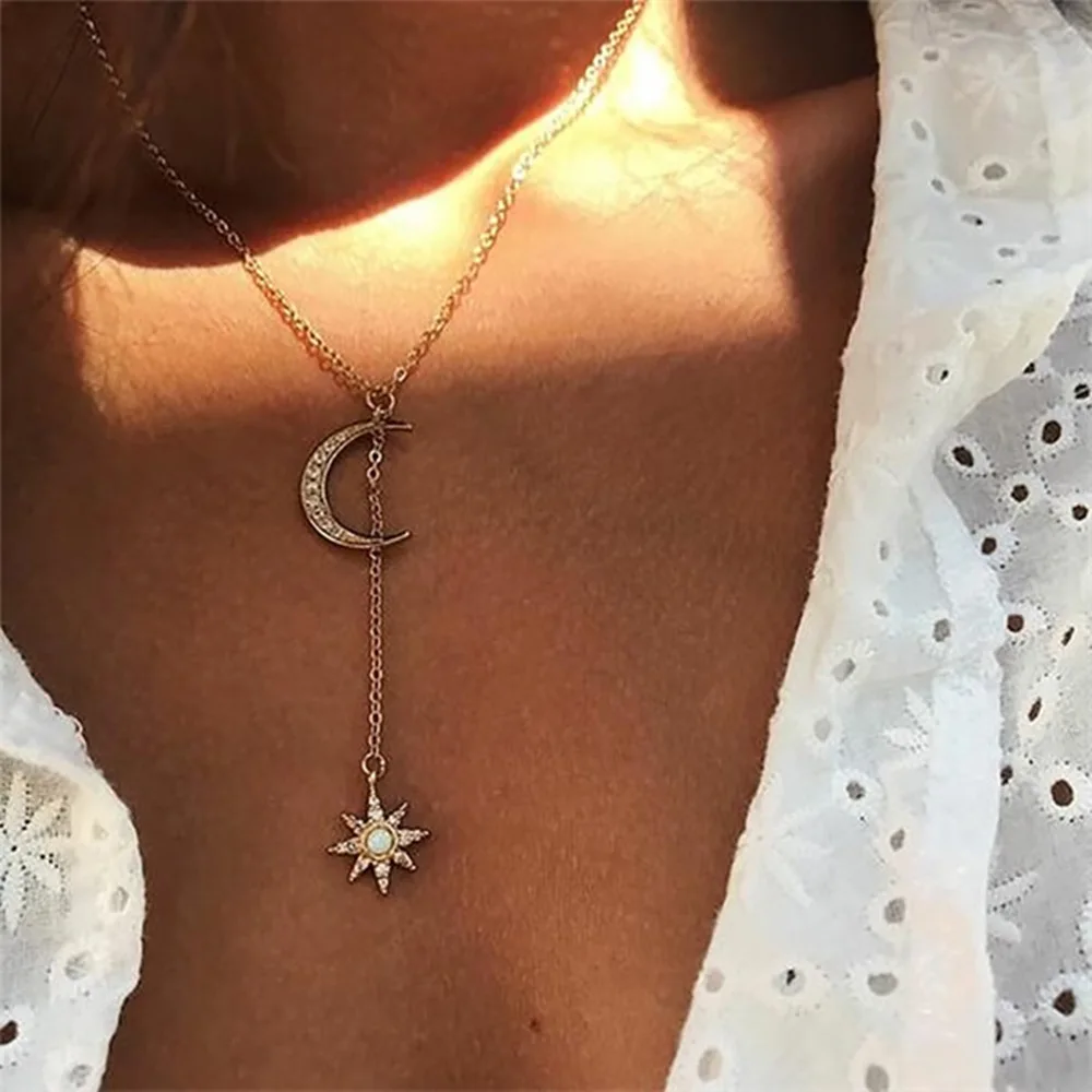Богемная многослойная подвеска Звезда Луна ожерелье для женщин Мода Геометрический Шарм цепь колье ожерелье ювелирные изделия оптом