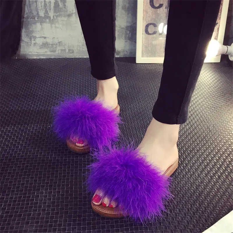 

Slip On Cute Fur Furry Open Toe Women Slippers Casual Flat Shoes Soft Warm Fluffy Home Floor Slippers Autumn Winter