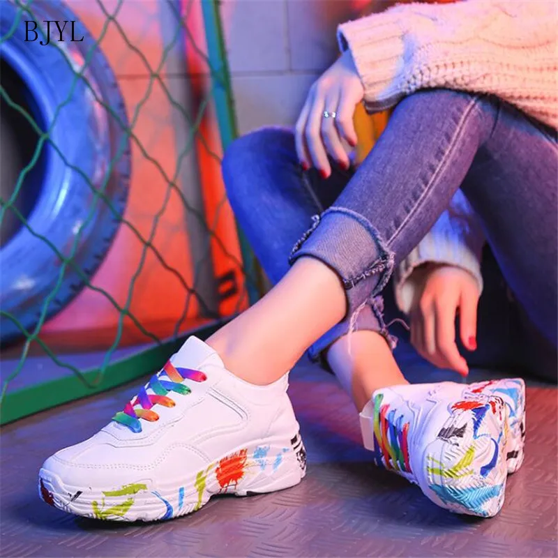 

BJYL 2019 Flat Platform Sneakers Women Fashion Thick Bottom Height Increasing White Casual Chunky Shoes Autumn Ladies Shoes B247