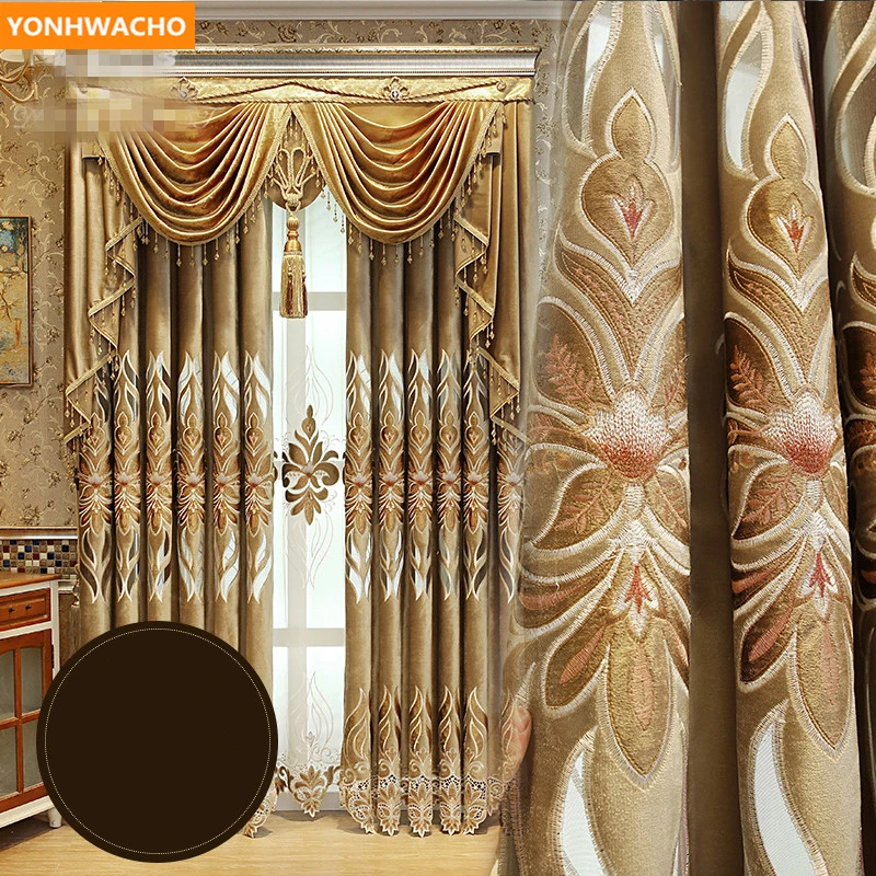 

Custom curtains European Villa Upscale Living Room Embroidered coffee velvet cloth blackout curtain tulle valance drape B221