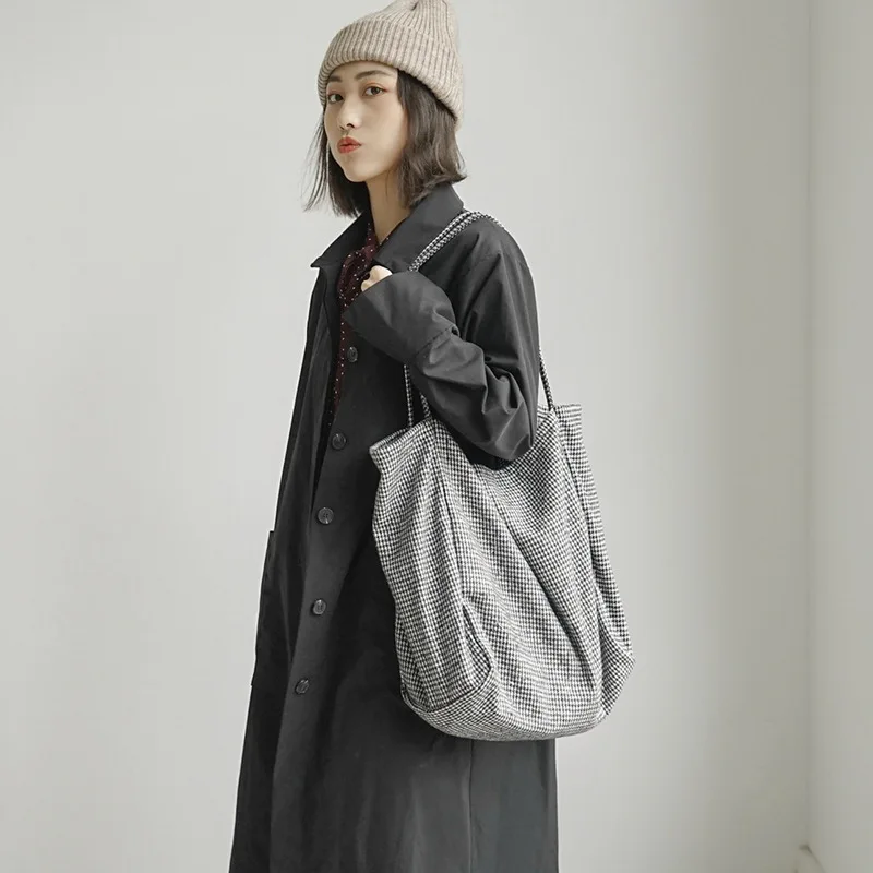 

2019 Spring &summer Women Woolen Canvas Shoulder Bag Ladies Vintage Plaid Handbag Totes Female Cotton Wool Cloth Shopping Bags B