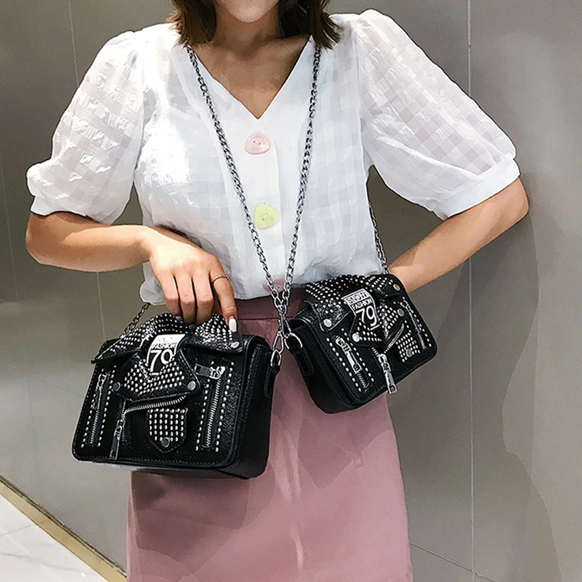 

New European Brand Designer Chain Motorcycle Bags Women Clothing Shoulder Rivet Jacket Bags Messenger Bag Women Leather Handbags