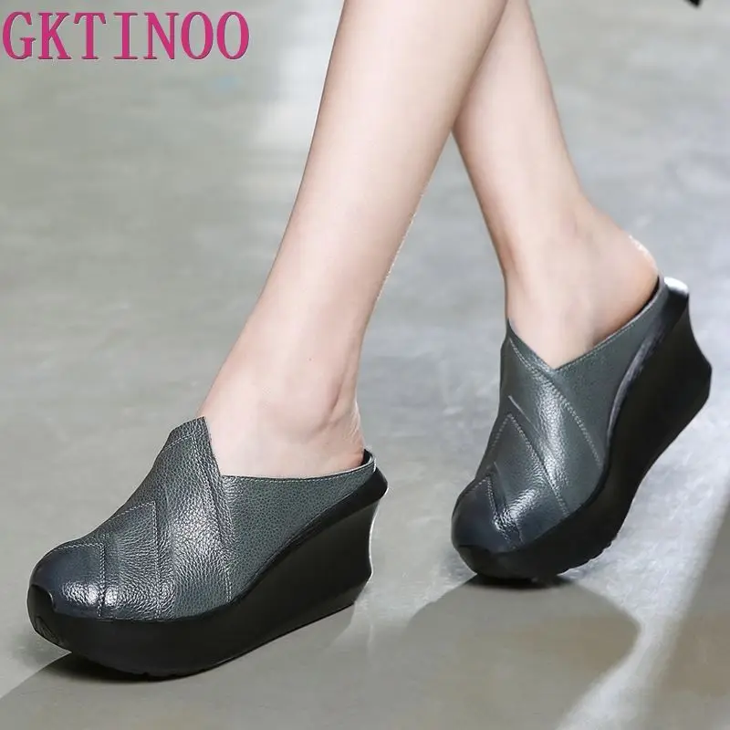$29.96 Gktinoo Genuine Leather Women Slippers Cm High Heels Wedges Summer Shoes Platform Retro Hand
