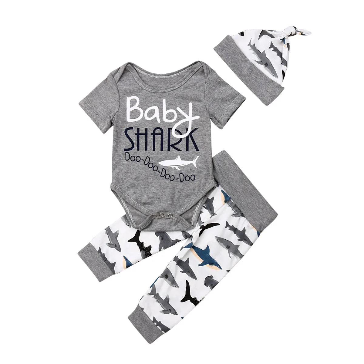 

Unisex Newborn Baby Clotnes Set Letter Baby Shark Romper Cute Shark Print Long Pants Hat Kids Summer Outfits Set Sunsuit 0-24M