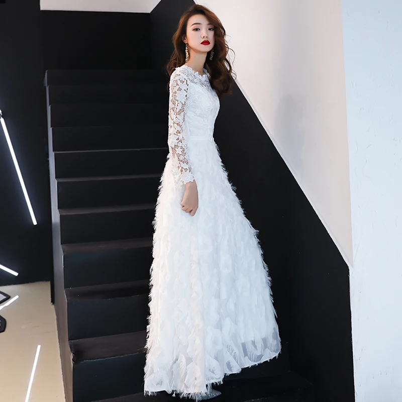 White Feather Evening Dresses Long 2019 O-neck A-line Floor-Length Lace Long Sleeve Evening Dresses Flow Women