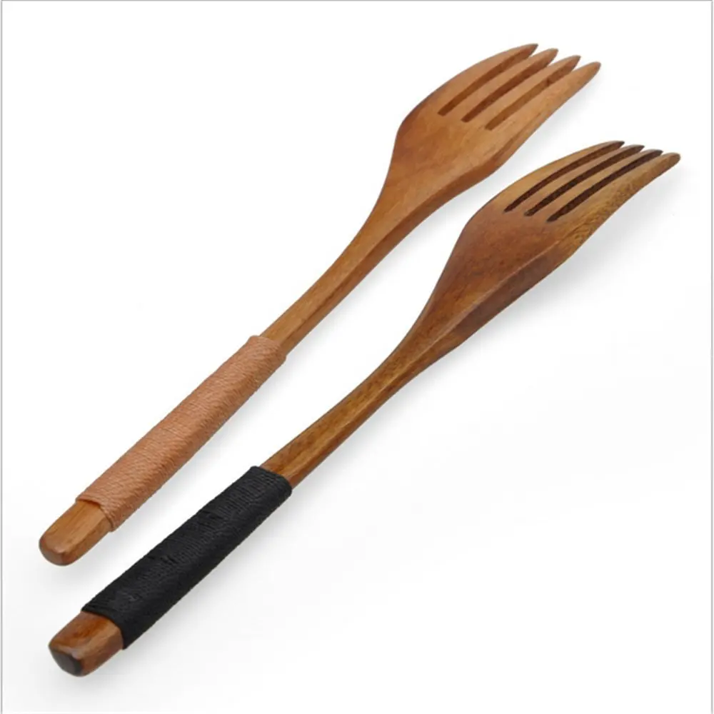 2pcs Set Bamboo Flatware Japanese Style Wooden Fork Home Tableware in