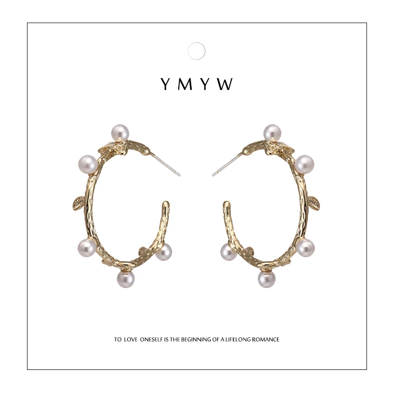 YMYW стильные уникальные шикарные серьги-гвоздики с искусственным жемчугом, медные массивные геометрические серьги в форме C для женщин, вечерние серьги Bijoux