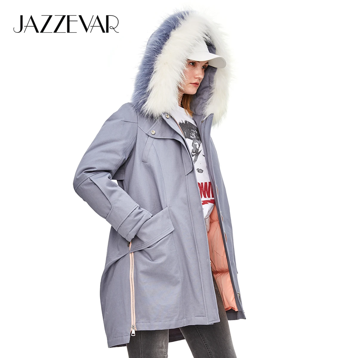 JAZZEVAR 2019 Куртка зима новый стиль сафари женский повседневный пуховик енот меховой