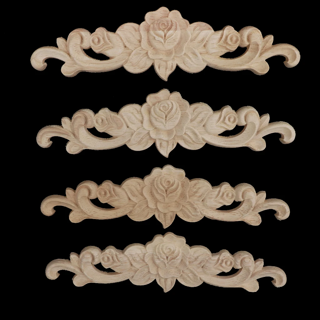 4pcs Retro Unpainted Floral Wood Carved Decal Corner Applique Frame For Home Furniture Wall Cabinet Door Decor