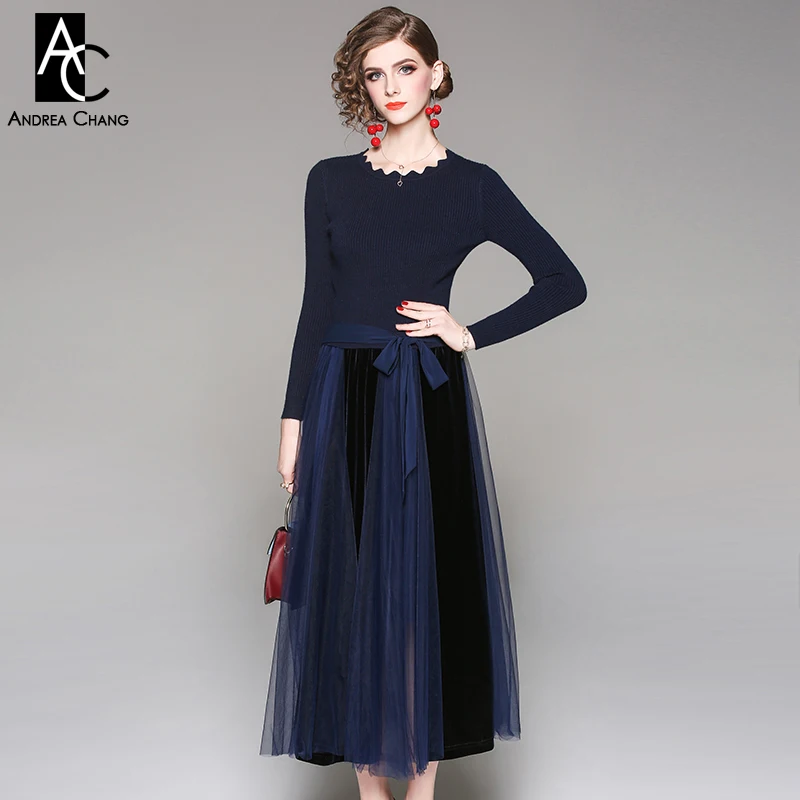 

autumn winter woman dress knitted top gauze bottom ankle length dress ball gown with sash belt fashion vintage sweet long dress