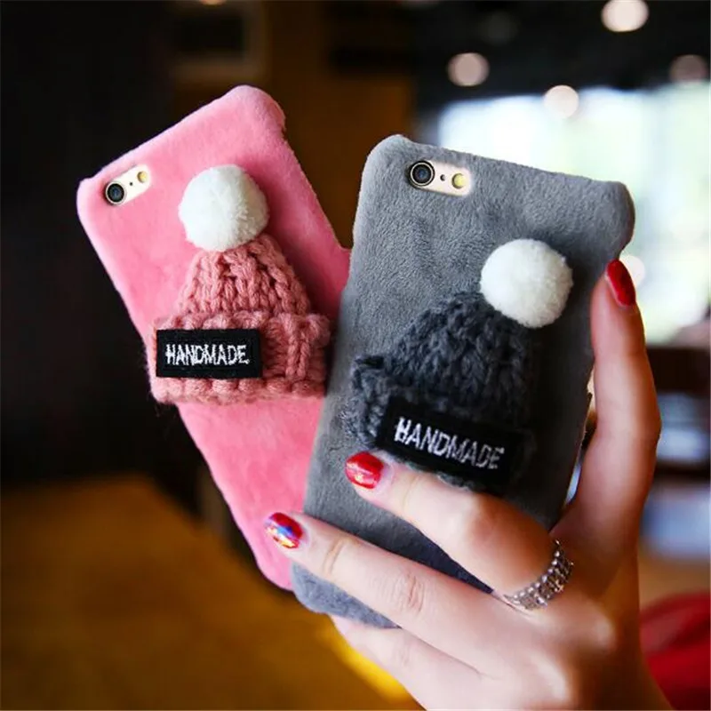 

KSTUCNE Cute Phone Case For iPhone 6 6s 7 8 Plus Cases Knitted Hairy Hat Cover For iPhone X XS Max XR 5s SE Warm Christmas Capa