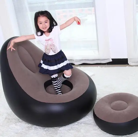 ECO friendly AZO free Flocked PVC inflatable bean bag chair with foot stool,feetrest inflatated beanbag strong living room chair