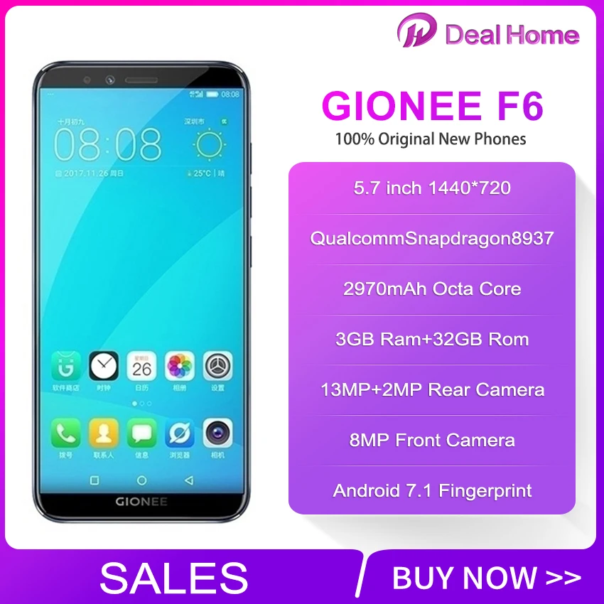 Gionee F6 Смартфон с 5 7 дюймовым дисплеем восьмиядерным процессором Snapdragon 8937 ОЗУ 3 ГБ
