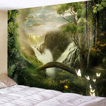 

Tapestry Wall Hanging Bed Spread Beach Tower Table Cloth home Decoration Magical Green Mountain Design Rectangle 150cmx130cm