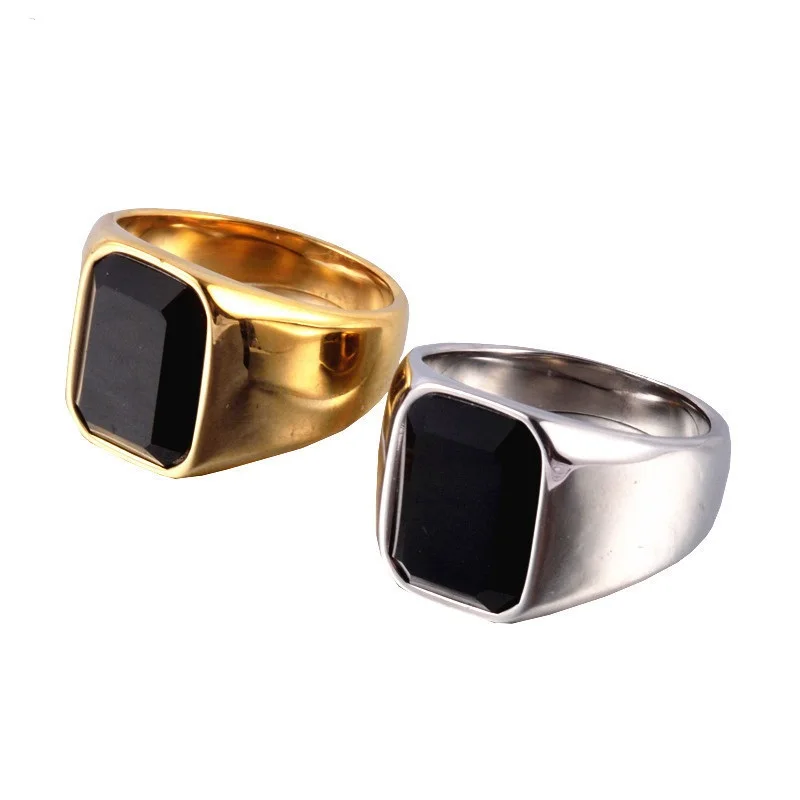 

Men's Black Square Gem Stone Silver And Golden 316L Stainless Steel Ring Men's Jewelry High Quality