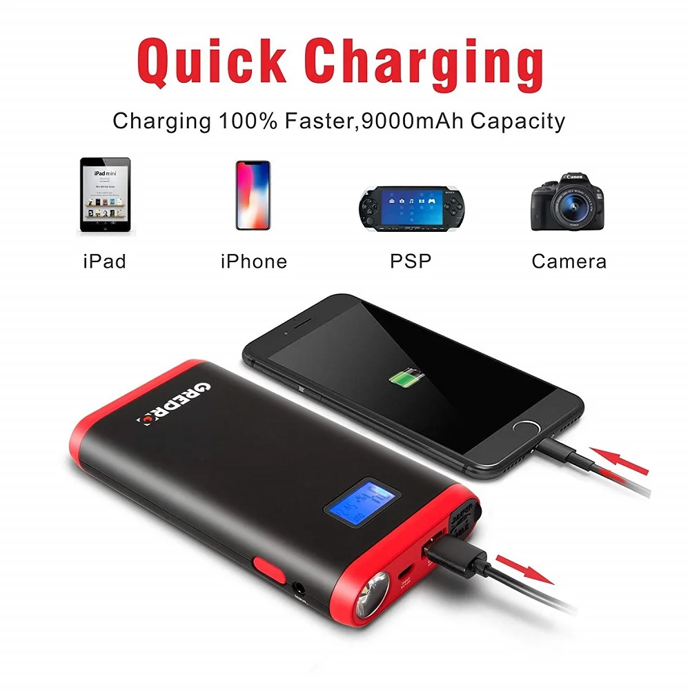 9000mAh Car Jump Starter 500A Auto External Car Battery Multi-function Vehicle Emergency Battery Booster Car Starter Power Bank