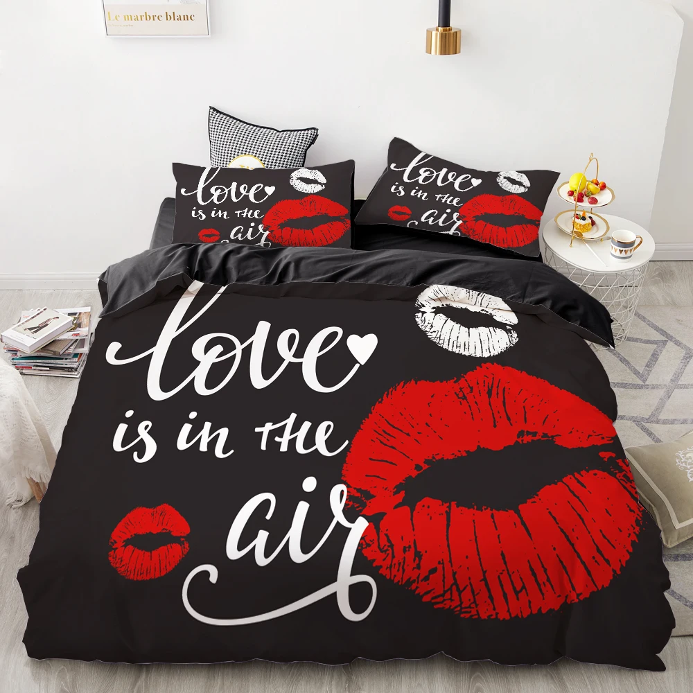

3D Digital Printing Custom Bedding Set,Quilt/Duvet Cover Set Twin Full Queen King,Bedclothes Black Love lips Drop Shipping