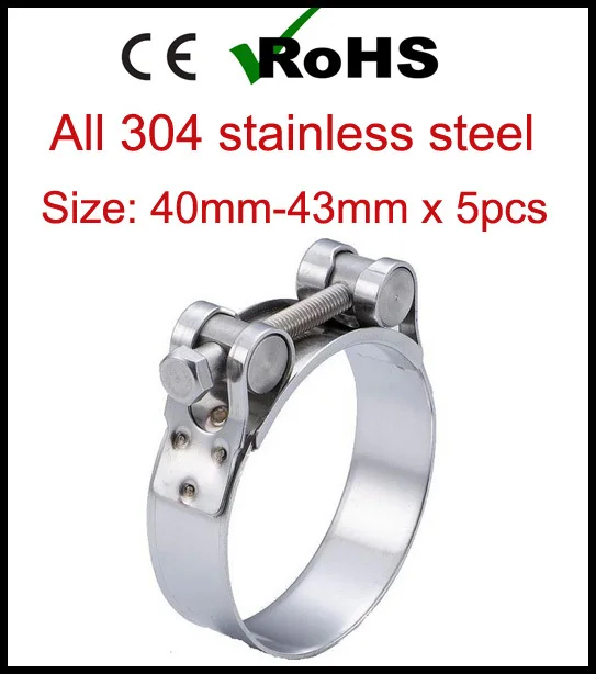 40mm 43mm x 5pcs Single Bolt Heavy Duty Hose Pipe Clamp 304 Stainless