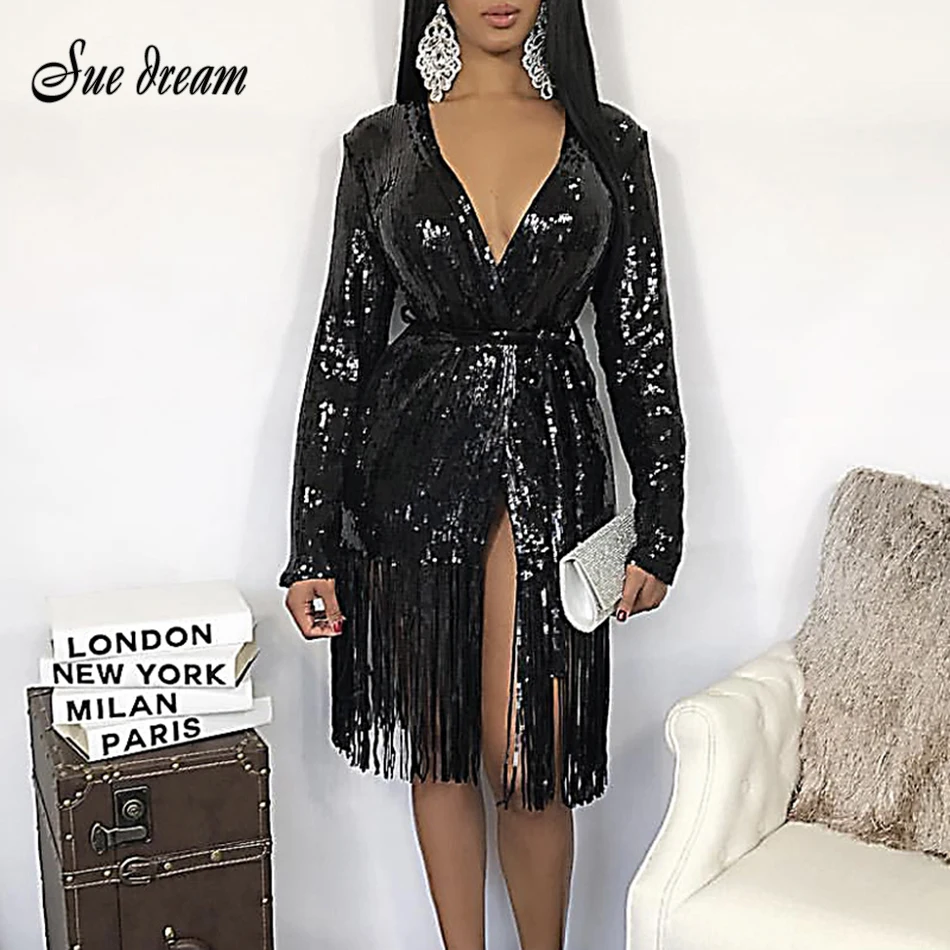

2019 new women's shiny V-neck belt sequins knee knee long ladies sequins tassel flash sexy dress long sleeve black Vestidos