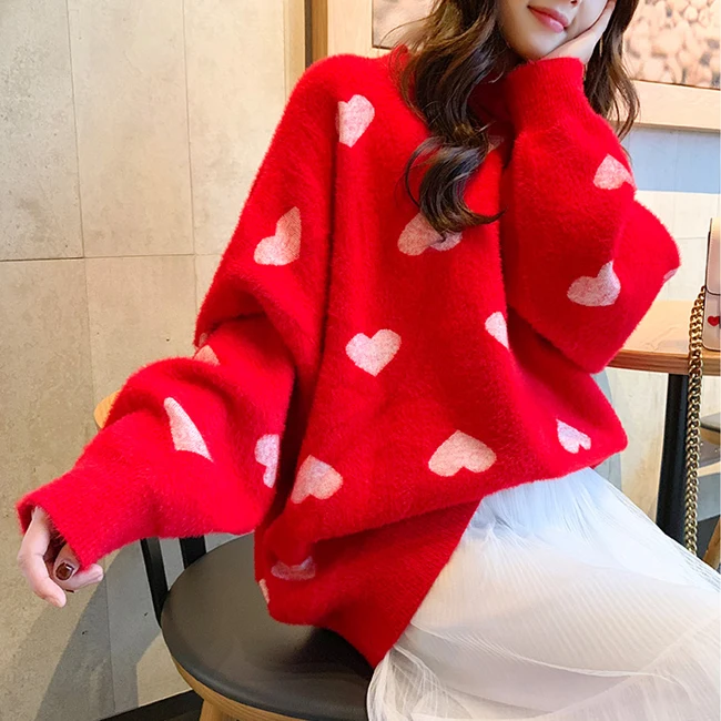 

2019 Winter New Fashion Thickened Warm Round collar Mohair Female Sweater love heart pattern Big code Simple Pullover