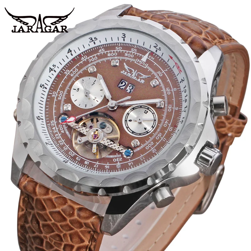 

JARAGAR Men's Luxury Brand New Automatic Self-winding Analogue Display Calendar Leather Strap Crystal Wristwatches JAG070M3S3