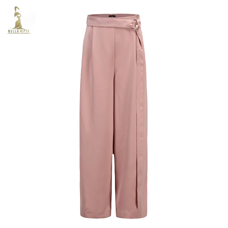 pink high waisted belted trousers