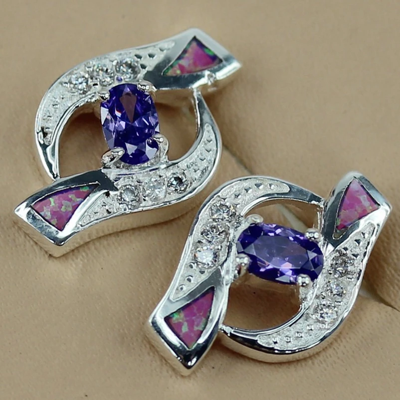 

SHUNXUNZE Vintage wedding Stud earrings Jewelry & Accessories for women Purple Cubic Zirconia and Pink opal Rhodium Plated R4106