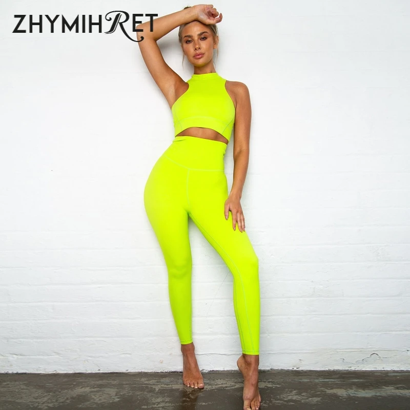 

ZHYMIHRET Neon Green Tanks Top And Pants Two Piece Set Sexy Summer Crop Top High Waist Trousers Women Tracksuit Jogging Outfits