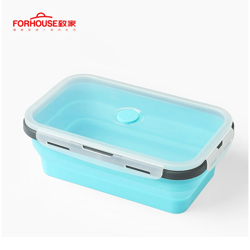 Силиконовый складной Ланч-бокс, контейнер для хранения еды, Bento BPA Free, Microwavable, портативный, для пикника, кемпинга, прямоугольная, открытая коробка - Цвет: blue lunch box
