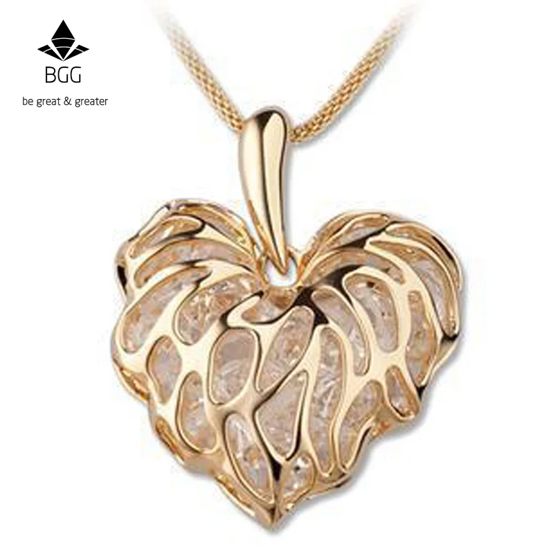 

BGG Golden Hollow love leaves built-in sparkling zircon sweater chain pendant European and American long necklace