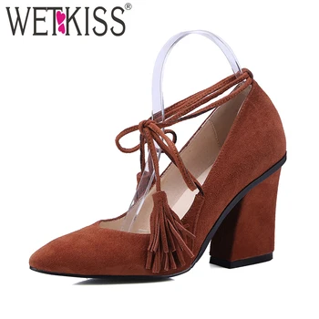 

WETKISS Cross Tied Kid Suede Women Pumps Pointed Toe Hoof Heels Tassel Footwear Brand High Heels Spring Fashion Ladies Shoes