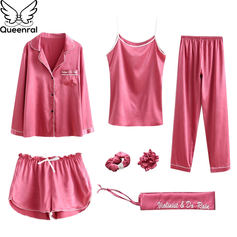 

Queenral Women Silk Satin Pajamas 7/pcs Sets Pyjamas Set Women Underwear Home Clothes Sexy Pajama For Women Night Suit Sleepwear