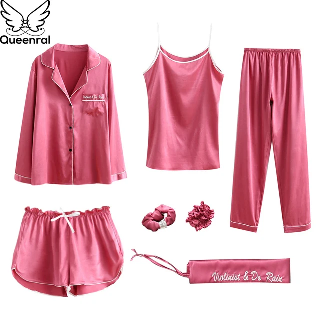 Queenral Women Silk Satin Pajamas 7/pcs Sets Pyjamas Set Women Underwear Home Clothes Sexy Pajama For Women Night Suit Sleepwear