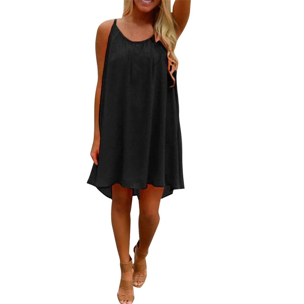

ISHOWTIENDA 2019 Summer solid dress Fashion Women Spaghetti Strap Back Howllow Out Summer Chiffon Beach Short Dress tunic toos