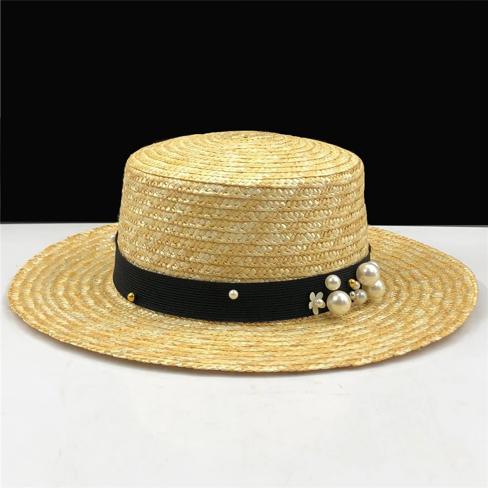 Плоская соломенная шляпа с жемчугом для девочек, летние солнечные шляпы для женщин, пляжная шляпа, женская панама