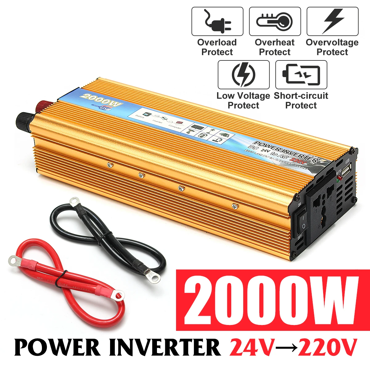 

PEAK 2000W DC 24V To AC 220V Voltage Transformer Protective Circuit Portable Car Modified Sine Wave Power Inverter Converter