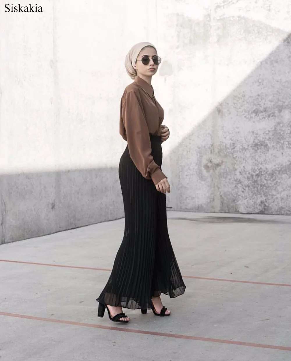 Siskakia Solid Chiffon Wide Leg Pants For Women Muslim Turkish Dubai High Waist Draped Loose Elastic Pants Ruffle 2019 New Eid  (5)