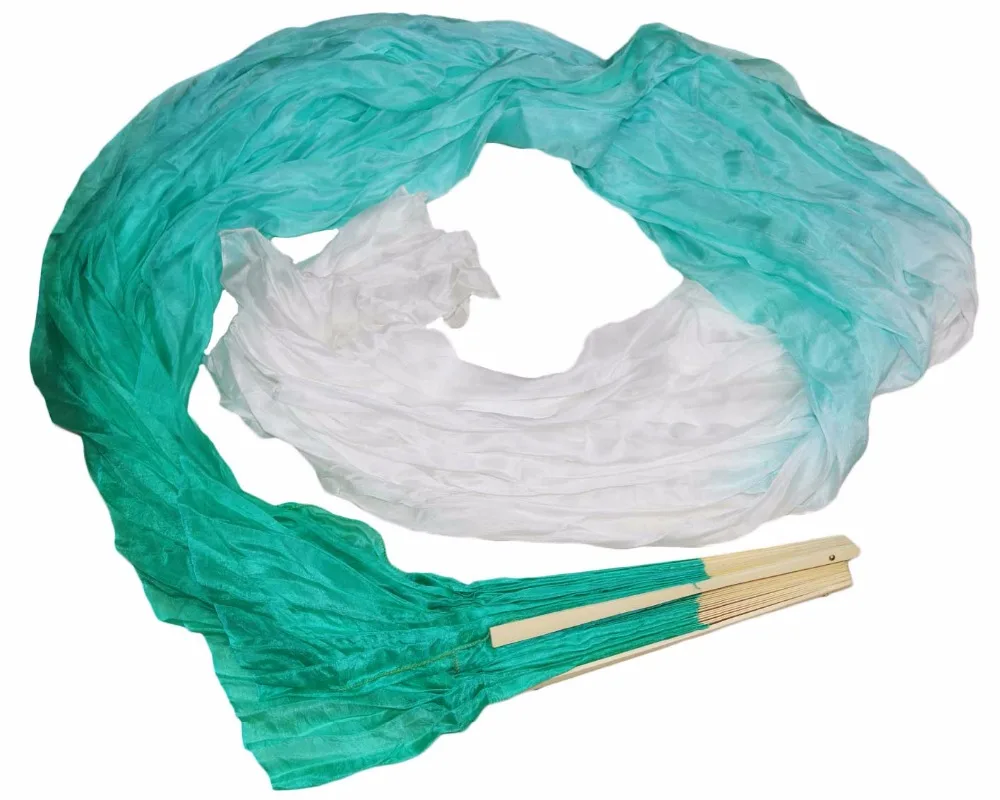 

high quality 100% Silk 1Pair belly dance fans dance performance silk long fans Mint green+Light mint green+White Colors 180x90cm