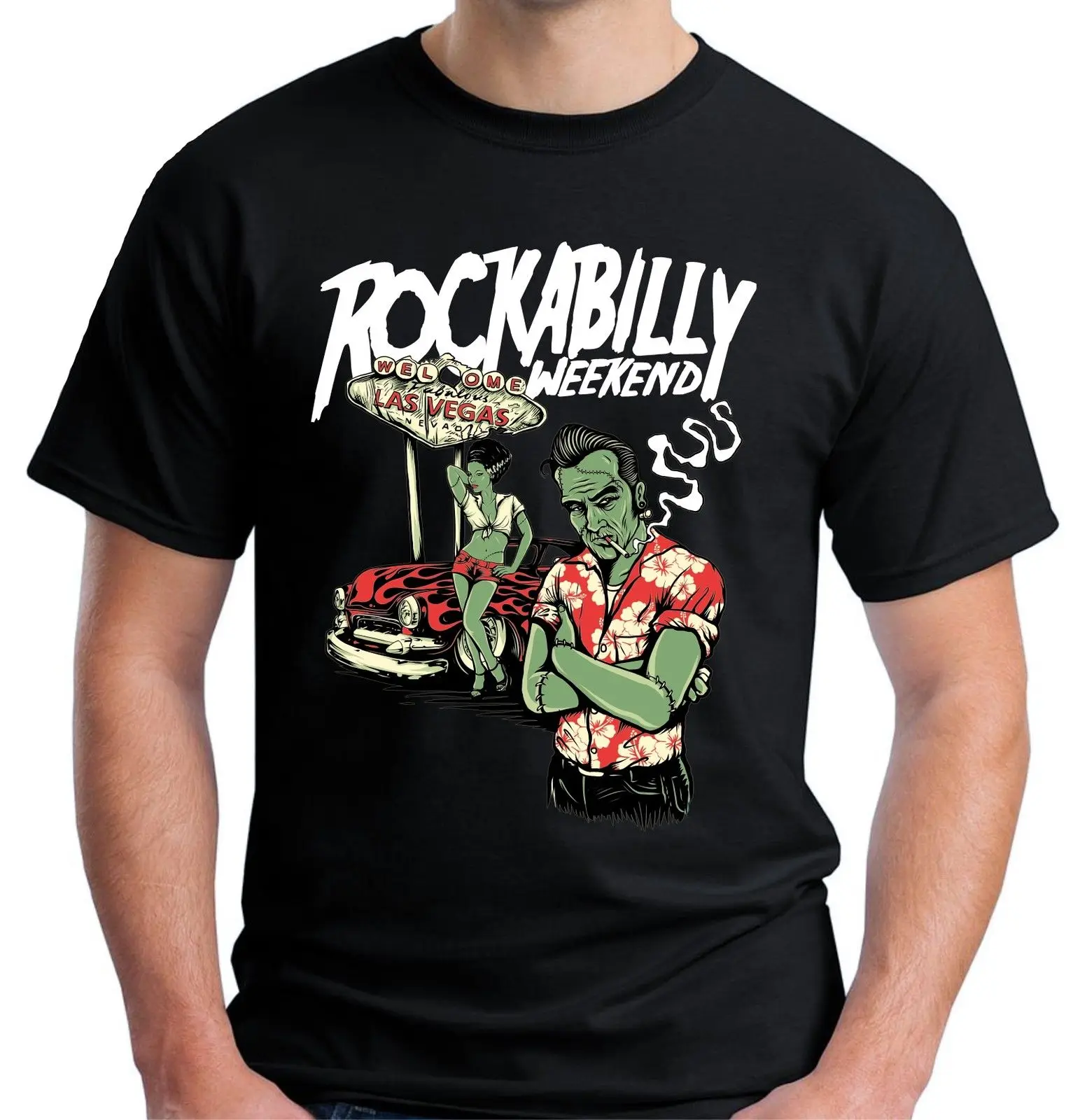 

Velocitee Mens Rockabilly Weekend T Shirt Las Vegas Zombies Hot Rod Cotton T-Shirt Fashion T-Shirt Free Shipping Top Tee