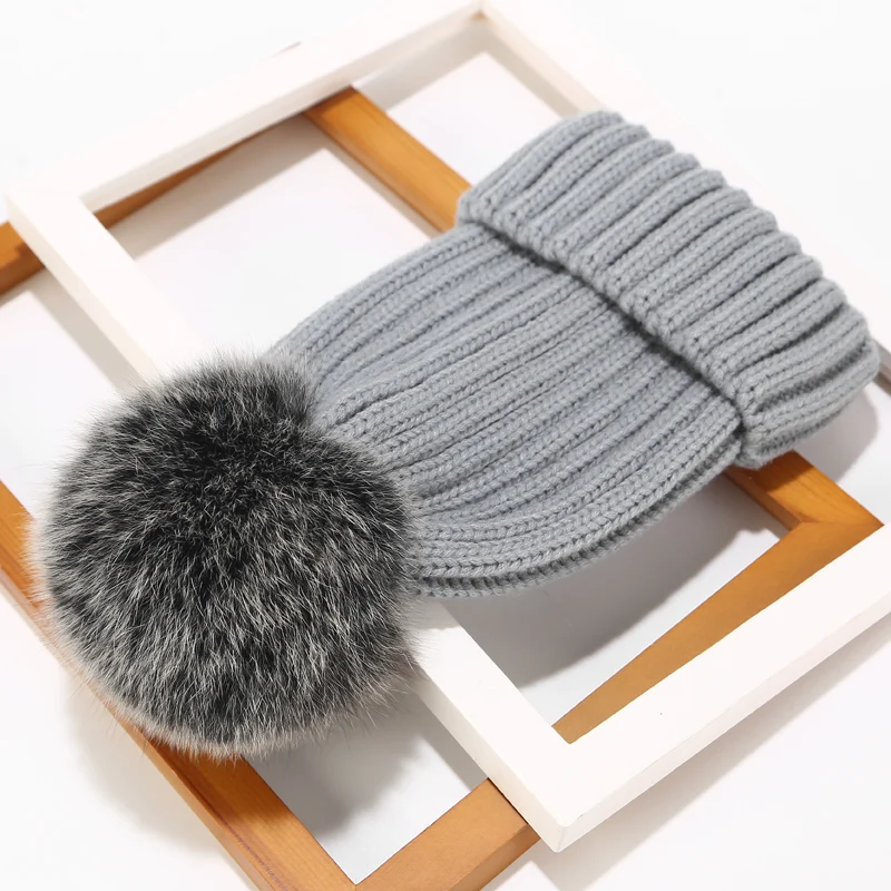 Real Fur Hat Knitted Real fox hair bulb Pom Pom Hat Women Winter Hat Unisex Kids Warm with wool Chunky Thick Stretchy Knit hat